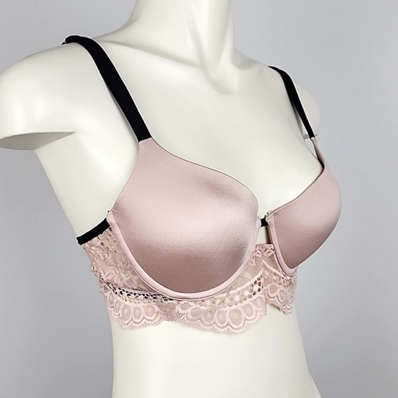 ⭐️2/ $40⭐️ La SENZA So Free Underwire Light Pink Lace Black Trim Padded Sz 34B - Picture 2 of 15